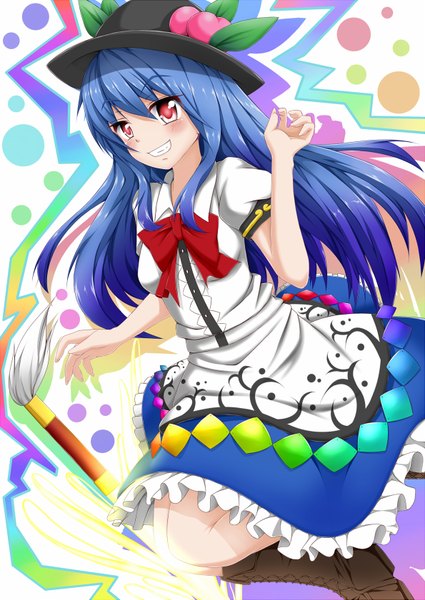 Аниме картинка 1190x1681 с touhou хинанави тенши yopparai oni один (одна) длинные волосы высокое изображение красные глаза синие волосы девушка платье бант шляпа персик