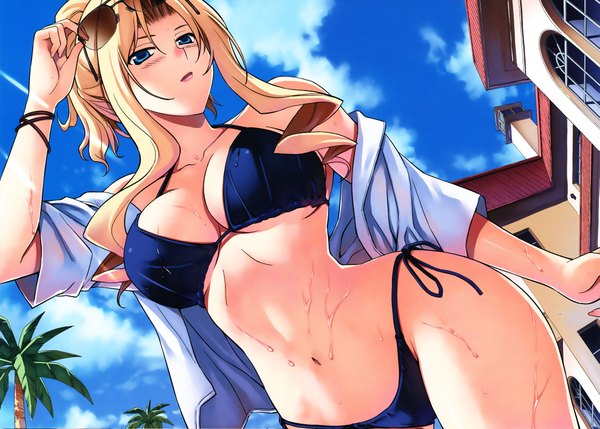 Anime picture 2237x1600 with freezing elizabeth mayberry highres breasts blue eyes light erotic blonde hair wet girl swimsuit bikini black bikini sunglasses