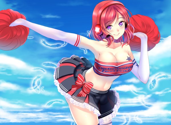 Anime picture 1280x938 with love live! school idol project sunrise (studio) love live! nishikino maki ponytail korosuke single looking at viewer blush short hair breasts light erotic smile large breasts purple eyes cleavage red hair tattoo cheerleader girl thighhighs