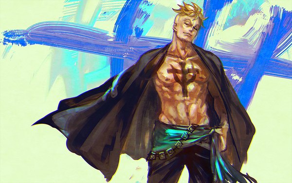 Anime picture 928x584 with one piece toei animation marco (one piece) tsuyomaru single short hair blonde hair smile signed tattoo hand on hip twitter username groin muscle abs smirk boy cape