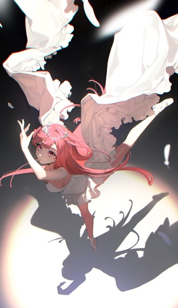 Anime picture 2048x3533 with project luminasys original hatane rona ohisashiburi single long hair tall image fringe highres breasts simple background standing pink hair cleavage full body pink eyes arm up from above shadow light
