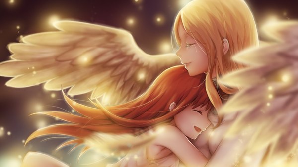 Anime picture 1920x1080 with claymore madhouse clare (claymore) teresa 857b long hair highres open mouth blonde hair smile wide image multiple girls red hair eyes closed light smile hug tears glow angel girl