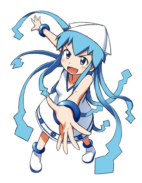 Anime picture 700x900 with shinryaku! ika musume ika musume mohya (artist) single long hair tall image blush open mouth blue eyes simple background white background blue hair looking away from above spread arms girl dress boots bracelet cap