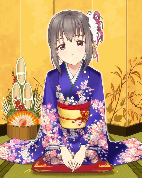 Anime picture 960x1200 with idolmaster idolmaster cinderella girls fujiwara hajime argon single tall image looking at viewer short hair black hair brown eyes traditional clothes japanese clothes girl hair ornament plant (plants) kimono obi