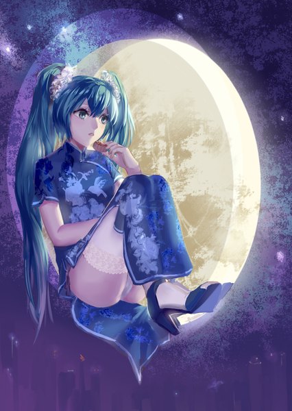 Anime picture 1240x1748 with vocaloid hatsune miku liyou-ryon single long hair tall image open mouth light erotic sitting twintails looking away aqua eyes aqua hair pantyshot chinese clothes girl thighhighs underwear panties white thighhighs