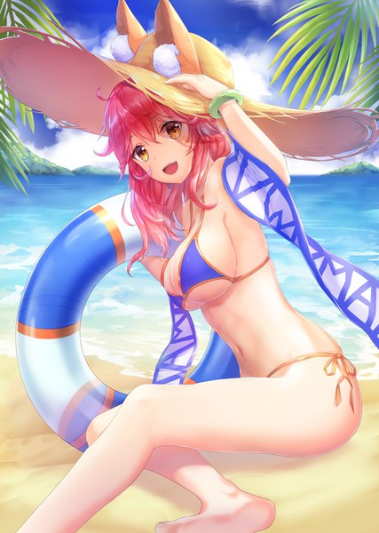 Anime picture 1264x1777 with fate (series) fate/grand order fate/extra tamamo (fate) (all) tamamo no mae (swimsuit lancer) (fate) lunacle single long hair tall image looking at viewer blush fringe breasts open mouth light erotic hair between eyes large breasts sitting bare shoulders holding