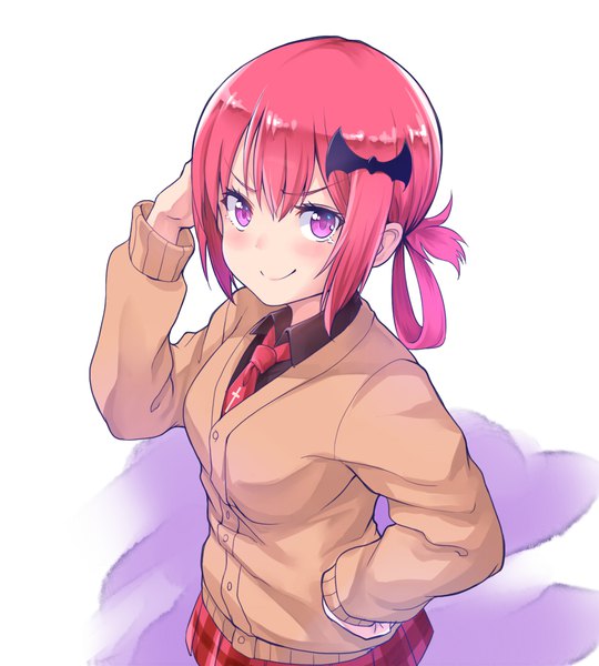 Anime picture 1000x1111 with gabriel dropout doga kobo satanichia kurumizawa mcdowell kanabun single tall image looking at viewer blush fringe short hair simple background smile hair between eyes white background purple eyes payot red hair from above shadow hand on hip