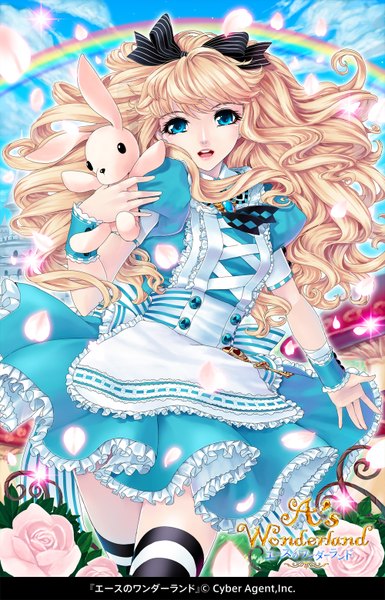 Anime picture 1000x1559 with a's wonderland kunishige keiichi single long hair tall image looking at viewer open mouth blue eyes blonde hair sky cloud (clouds) lips girl thighhighs dress flower (flowers) ribbon (ribbons) hair ribbon petals toy