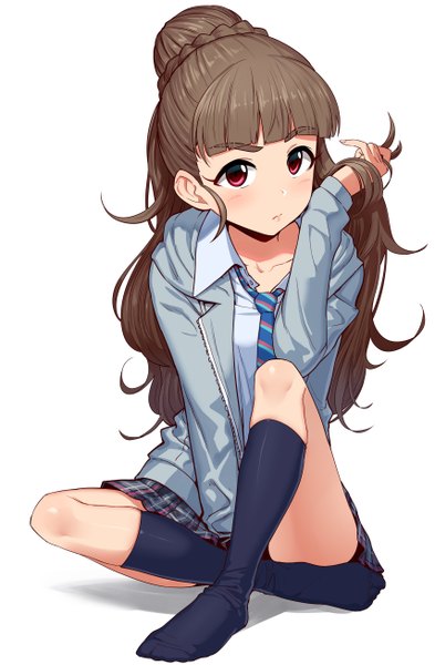 Anime picture 1709x2611 with idolmaster idolmaster cinderella girls kamiya nao omaru gyuunyuu single long hair tall image looking at viewer blush highres black hair red eyes white background braid (braids) braided bun girl skirt uniform school uniform miniskirt