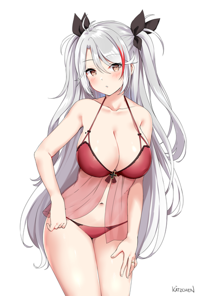 Anime picture 3720x5262 with azur lane prinz eugen (azur lane) kaetzchen single long hair tall image looking at viewer blush fringe highres breasts light erotic simple background hair between eyes large breasts standing white background bare shoulders brown eyes signed