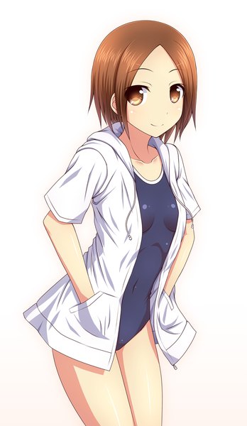 Anime picture 705x1215 with original kk-sk-ray single tall image looking at viewer short hair light erotic smile brown hair white background brown eyes open clothes open shirt girl swimsuit shirt one-piece swimsuit school swimsuit