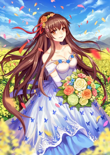 Anime picture 800x1125 with kantai collection yamato super battleship mirror (xilu4) single tall image looking at viewer blush fringe smile hair between eyes red eyes brown hair bare shoulders sky cleavage cloud (clouds) outdoors very long hair parted lips hair flower