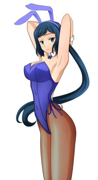 Anime picture 734x1350 with mobile suit gundam gundam build fighters sunrise (studio) iori rinko kenken single long hair tall image breasts blue eyes light erotic simple background smile white background animal ears blue hair ponytail armpit (armpits) bunny ears bunny girl