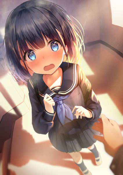 Anime picture 1191x1684 with original topia tall image looking at viewer blush fringe short hair open mouth blue eyes black hair standing full body long sleeves pleated skirt from above sunlight blurry shadow dutch angle depth of field