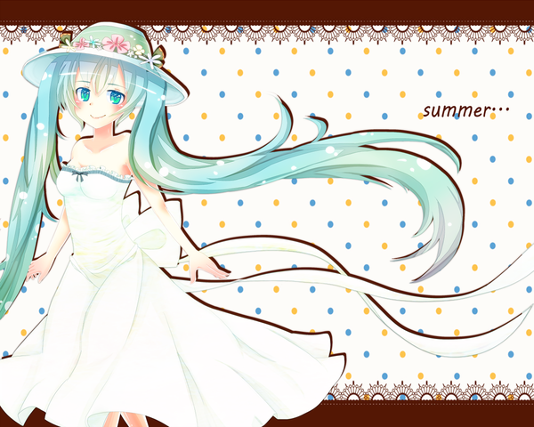 Anime picture 1200x960 with vocaloid hatsune miku gomenneko single looking at viewer blush smile twintails bare shoulders very long hair aqua eyes aqua hair spread arms polka dot polka dot background girl dress ribbon (ribbons) hat white dress