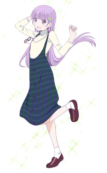 Anime-Bild 1272x2048 mit new game! doga kobo suzukaze aoba pink x single long hair tall image open mouth simple background smile standing white background purple eyes purple hair full body long sleeves :d floating hair standing on one leg striped