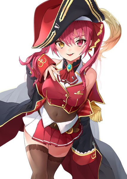 Anime picture 2904x4093 with virtual youtuber hololive houshou marine houshou marine (1st costume) tate yukimi single long hair tall image looking at viewer fringe highres simple background hair between eyes white background twintails red hair pleated skirt heterochromia covered navel hand on chest
