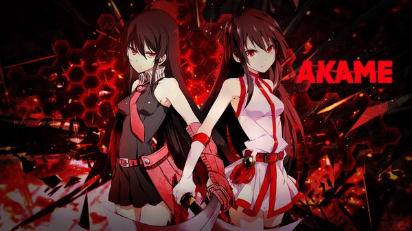 Anime picture 1920x1080 with akame ga kill! white fox akame (akame ga kill!) bobba long hair looking at viewer fringe highres breasts black hair hair between eyes red eyes wide image standing bare shoulders holding sleeveless red background serious dual persona