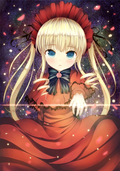 Anime picture 847x1200 with rozen maiden shinku morerin single long hair tall image looking at viewer blush blue eyes blonde hair drill hair girl dress hat petals red dress