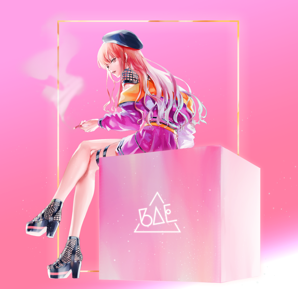 Anime picture 1911x1850 with paradox live faulkner anne nyamnyam0502 single long hair highres simple background sitting full body red hair high heels crossed legs pink background framed otoko no ko boy beret cube