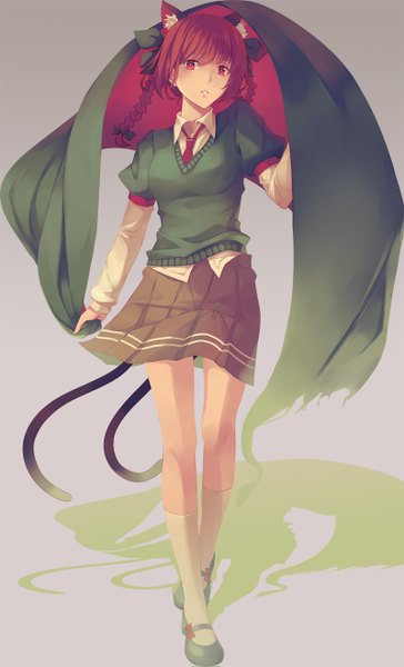 Anime picture 800x1319 with touhou kaenbyou rin liuli (llc) single long hair tall image looking at viewer simple background red eyes animal ears red hair tail braid (braids) animal tail cat ears grey background cat girl cat tail twin braids multiple tails