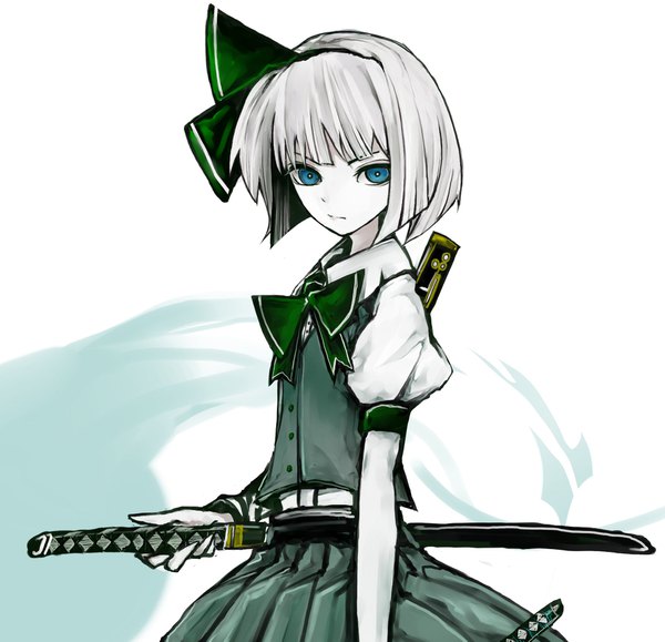 Anime picture 1771x1711 with touhou konpaku youmu myon yutapon single looking at viewer fringe highres short hair blue eyes simple background white background silver hair pleated skirt short sleeves puffy sleeves sheathed white skin girl skirt