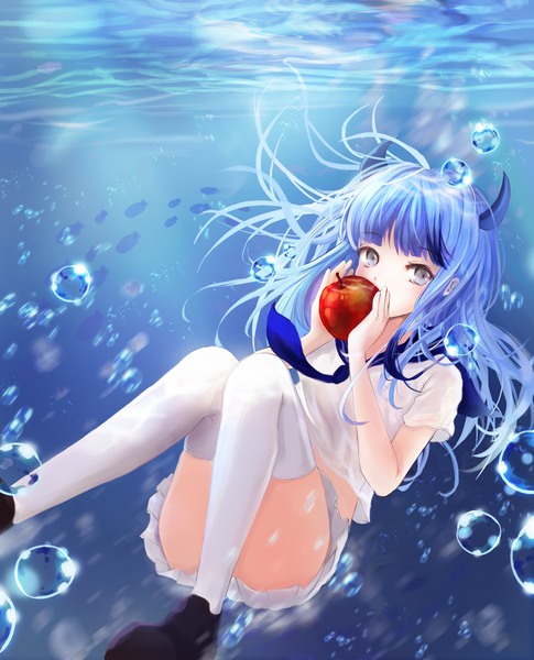 Anime picture 1200x1482 with original muna pe single long hair tall image looking at viewer blush fringe blue eyes holding blue hair bent knee (knees) blunt bangs pleated skirt horn (horns) zettai ryouiki floating hair convenient censoring underwater covered mouth