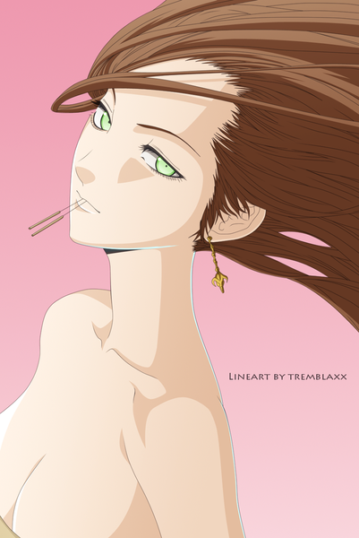 Anime picture 1000x1496 with the breaker lee shiho firelaw single long hair tall image light erotic brown hair bare shoulders green eyes mouth hold coloring portrait pink background girl earrings