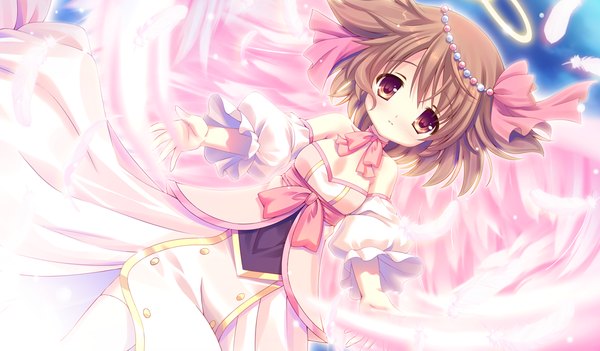 Anime picture 1024x600 with tsukumonotsuki short hair red eyes brown hair wide image game cg loli girl dress detached sleeves wings feather (feathers) halo