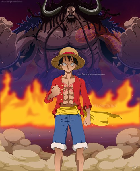 Anime picture 2133x2600 with one piece toei animation monkey d. luffy kaidou (one piece) melonciutus long hair tall image looking at viewer fringe highres short hair open mouth black hair standing signed horn (horns) open clothes multiple boys teeth tattoo