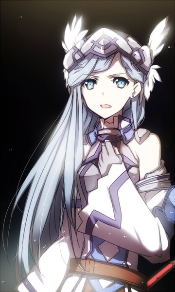 Anime picture 500x833 with log horizon reinesia el arte cowen jianmo sl single long hair tall image looking at viewer open mouth blue eyes aqua hair wide sleeves black background girl gloves detached sleeves earrings belt fingerless gloves headband