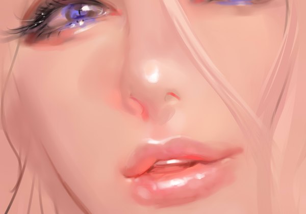 Anime picture 2058x1444 with original airspace (artist) single highres open mouth blue eyes looking away white hair light smile lips realistic close-up face sketch girl