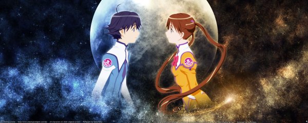Anime picture 2560x1024 with uchuu no stellvia katase shima tama-neko highres wide image dualscreen moon otoyama kouta