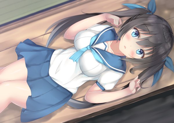 Anime picture 1200x850 with original satsuki mocchi single long hair looking at viewer blush fringe breasts open mouth blue eyes black hair hair between eyes large breasts twintails payot indoors lying head tilt pleated skirt from above