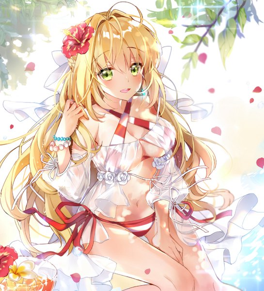 Anime-Bild 791x871 mit fate (series) fate/grand order nero claudius (fate) (all) nero claudius (swimsuit caster) (fate) pingo single long hair tall image looking at viewer breasts light erotic blonde hair large breasts sitting green eyes ahoge hair flower from above ass visible through thighs shaded face