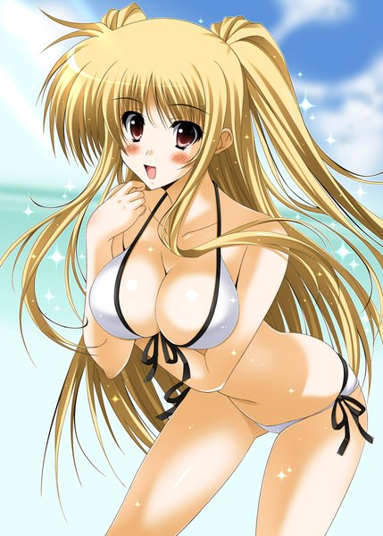 Anime picture 1480x2071 with mahou shoujo lyrical nanoha mahou shoujo lyrical nanoha strikers fate testarossa oda kenichi tall image breasts light erotic blonde hair brown eyes huge breasts girl swimsuit bikini white bikini