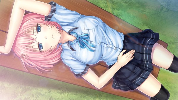Anime picture 1280x720 with ayame no machi to ohimesama kazuharu kina single looking at viewer blush short hair breasts blue eyes wide image large breasts pink hair game cg on back girl thighhighs skirt uniform hair ornament black thighhighs school uniform