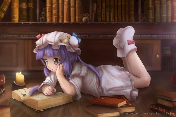 Anime picture 2400x1600 with touhou patchouli knowledge novcel single long hair highres purple eyes signed purple hair full body lying long sleeves wide sleeves arm support watermark on stomach legs up alternate age reading younger