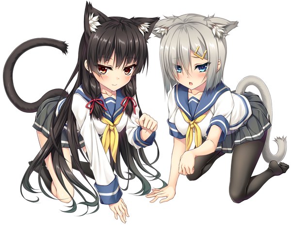 Аниме картинка 1807x1402 с флотская коллекция hamakaze destroyer isokaze destroyer moeki yuuta длинные волосы румянец высокое разрешение короткие волосы открытый рот голубые глаза чёрные волосы улыбка красные глаза белый фон несколько девушек уши животного хвост хвост животного серые волосы кошачьи уши