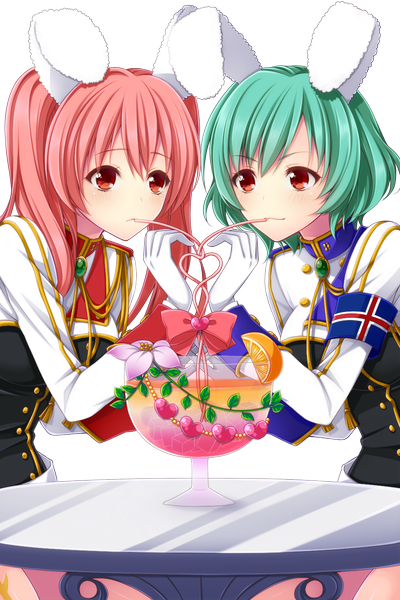 Anime picture 960x1440 with umineko no naku koro ni chiester410 chiester45 uzu hi long hair tall image short hair red eyes multiple girls animal ears pink hair green hair bunny ears transparent background heart hands girl gloves 2 girls suit drink