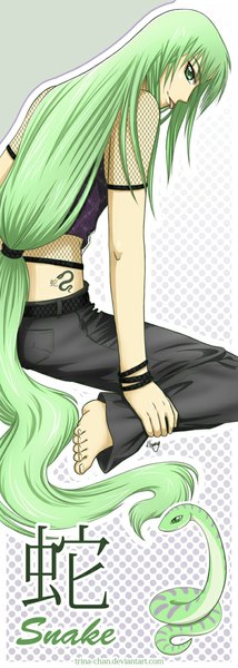 Anime picture 400x1120 with original trina-chan (artist) single tall image looking at viewer sitting holding green eyes very long hair profile looking back barefoot green hair tattoo polka dot polka dot background personification zodiac boy uniform