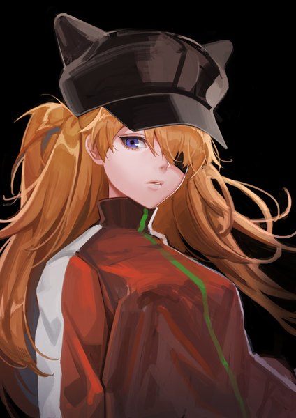 Anime picture 620x877 with neon genesis evangelion rebuild of evangelion evangelion: 3.0 you can (not) redo gainax soryu asuka langley shikinami asuka langley rity single long hair tall image looking at viewer blue eyes simple background upper body orange hair black background girl hat eyepatch cabbie hat