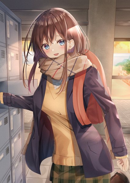 Anime-Bild 1451x2048 mit original nagi aoi single long hair tall image looking at viewer fringe breasts open mouth smile brown hair standing payot indoors :d pleated skirt plaid skirt standing on one leg adjusting footwear girl