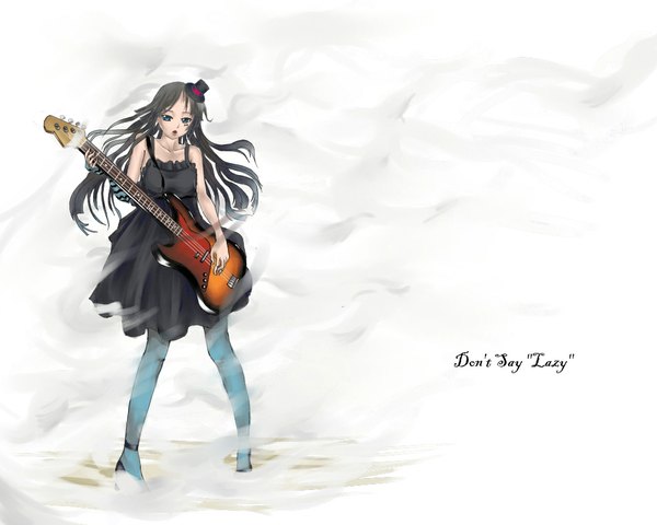 Anime picture 1050x840 with k-on! kyoto animation akiyama mio long hair open mouth white background bare shoulders thighhighs dress black dress guitar bass guitar