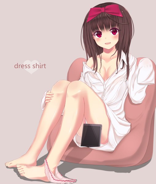 Anime picture 1400x1652 with original memocho single long hair tall image looking at viewer blush open mouth light erotic red eyes brown hair sitting panties around one leg girl underwear panties bow hair bow shirt ipad