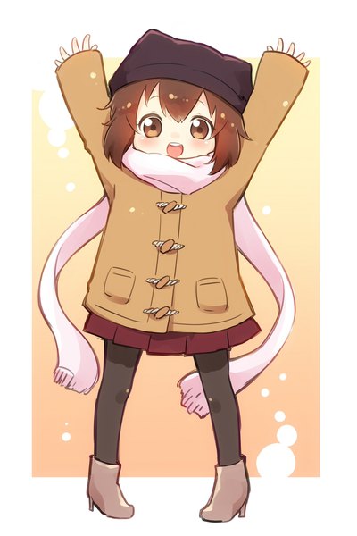 Anime picture 1500x2250 with original ayakashi (monkeypanch) single tall image looking at viewer short hair open mouth smile brown hair brown eyes full body pleated skirt arms up girl skirt hat pantyhose shoes black pantyhose scarf