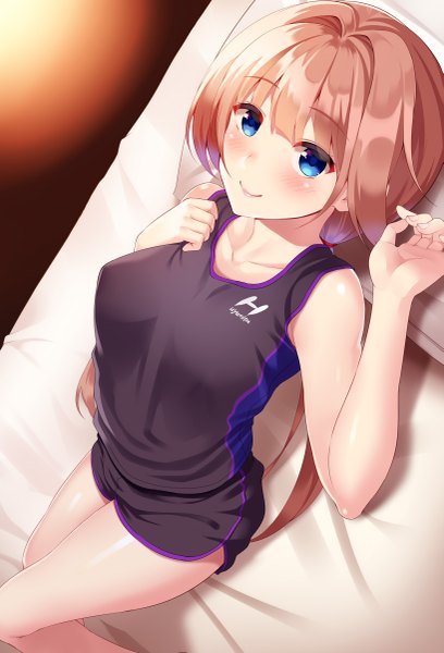 Anime picture 1634x2400 with original huyumitsu single long hair tall image looking at viewer blush fringe breasts blue eyes blonde hair smile indoors lying from above on back dutch angle girl uniform shorts