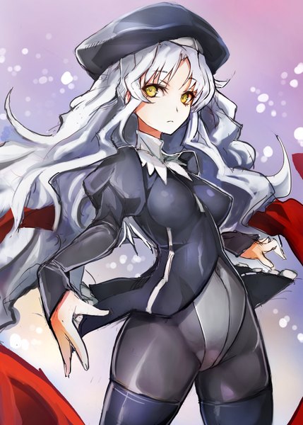 Anime picture 1144x1600 with fate (series) fate/hollow ataraxia type-moon caren hortensia taishi (picchiridou) long hair tall image light erotic standing yellow eyes silver hair wavy hair girl thighhighs hat bodysuit