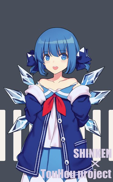 Anime picture 800x1286 with touhou shinken!! cirno aoe nika liuli (llc) single tall image blush fringe short hair open mouth blue eyes simple background twintails bare shoulders blue hair grey background copyright name short twintails cosplay