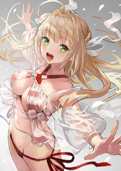 Anime picture 2894x4093 with fate (series) fate/grand order nero claudius (fate) (all) nero claudius (swimsuit caster) (fate) terai (teraimorimori) single long hair tall image looking at viewer blush fringe highres breasts open mouth light erotic simple background blonde hair smile large breasts standing